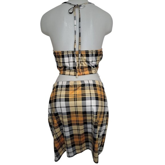 Shein Womens Yellow Black Whie Plaid 2PC Set Top + Skirt Large - Picture 3 of 8